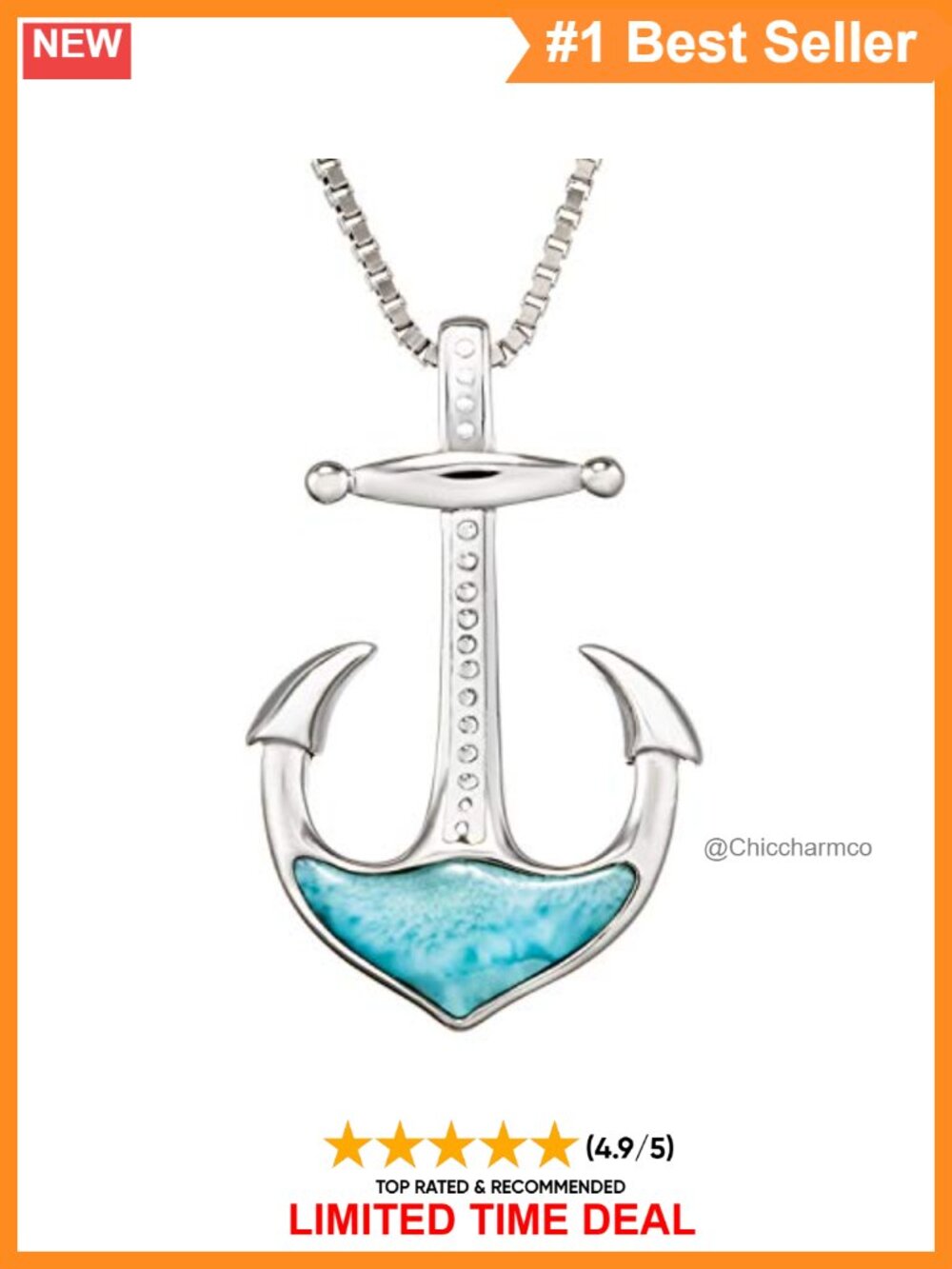 Sterling Silver Natural Larimar Anchor Necklace Pendant with 18" Box Chain